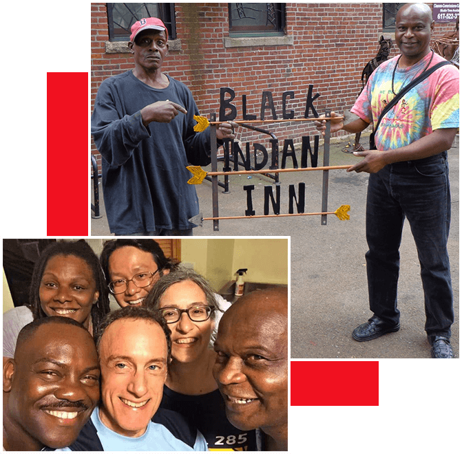A collage of people posing for pictures in front of the black indian inn.