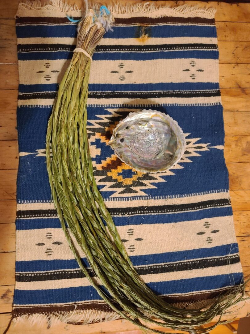 A blue and white rug with a bowl of food on it