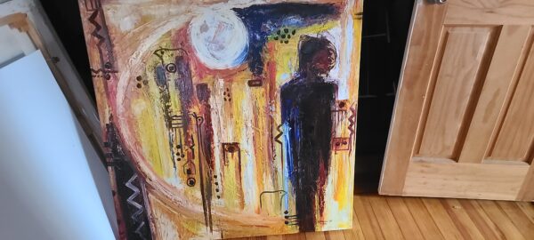 A painting of a man standing in front of the moon.