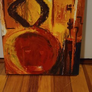 A painting of an orange bowl on the floor