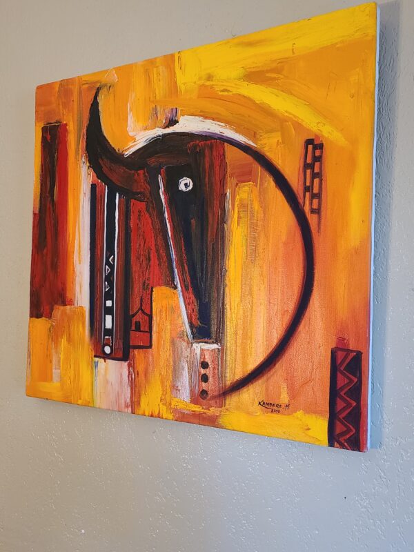 A painting of an abstract animal with horns.