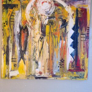 A painting of an abstract scene with yellow and red colors.