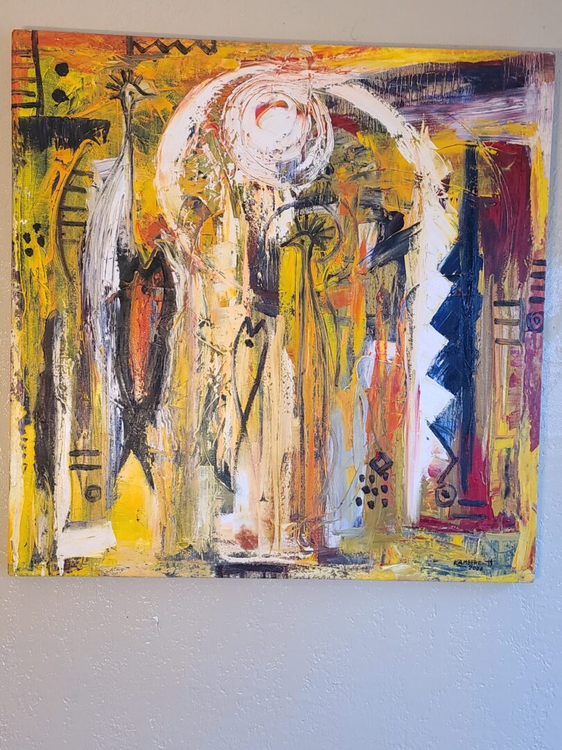 A painting of an abstract scene with yellow and red colors.